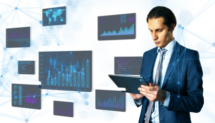Man in suit holding tablet, digital graphs and charts in futuristic design, white tech background, concept of data analysis and technology