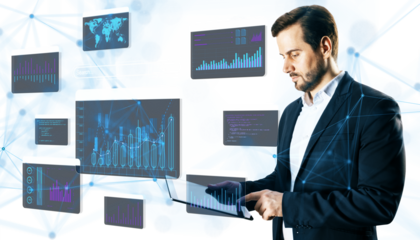 A businessman in formal attire interacts with a digital tablet, surrounded by virtual data graphs and codes, futuristic technology concept