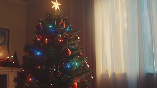 A Christmas tree with a star on top and many colorful ornaments