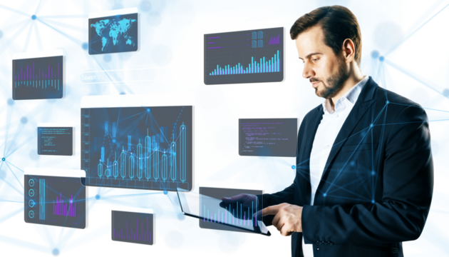 A businessman in formal attire interacts with a digital tablet, surrounded by virtual data graphs and codes, futuristic technology concept