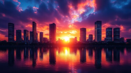 Fototapeta premium Sunset over a city skyline reflected in water.