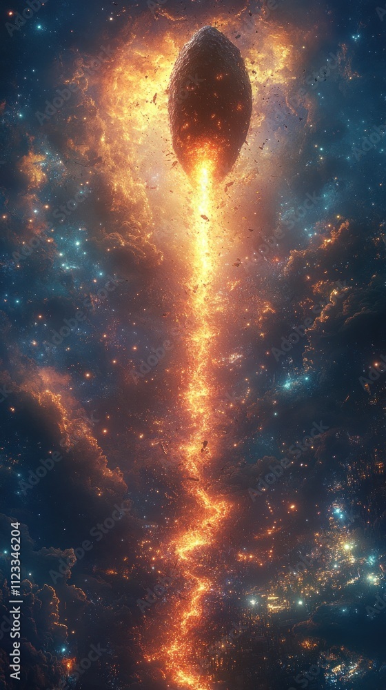 Poster a cosmic scene depicting a glowing vertical structure in space.
