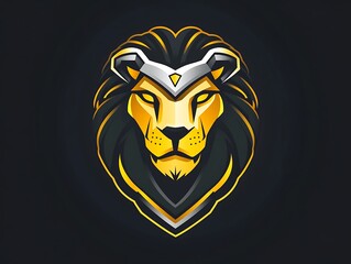 Obraz premium Clean and simple lion head logo with armor, gold and black gradient, flat vector style on dark backdrop. Front view, high resolution.