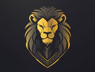 Obraz premium Clean and simple lion head logo with armor, gold and black gradient, flat vector style on dark backdrop. Front view, high resolution.