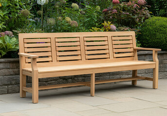 Obraz premium Wooden garden bench with slatted design on a stone patio surrounded by greenery and flowers.