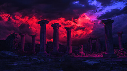 Fototapeta premium A desolate monastery ruin with tall stone columns illuminated by red and violet flames that dance against the dark sky.A desolate monastery ruin with tall stone columns illuminated by red and violet f