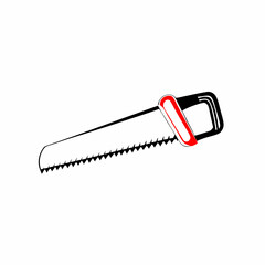 Fototapeta premium Dynamic red-handled hand saw illustration shown in action angle. Sharp black blade contrasts with vibrant handle. Concept: Carpentry business, Woodworking shop, Tool retailer