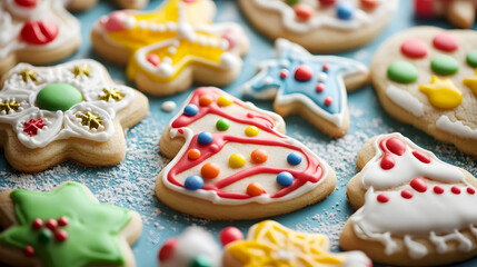 A colorful assortment of Christmas-themed sugar cookies decorated with vibrant icing and candy toppings.