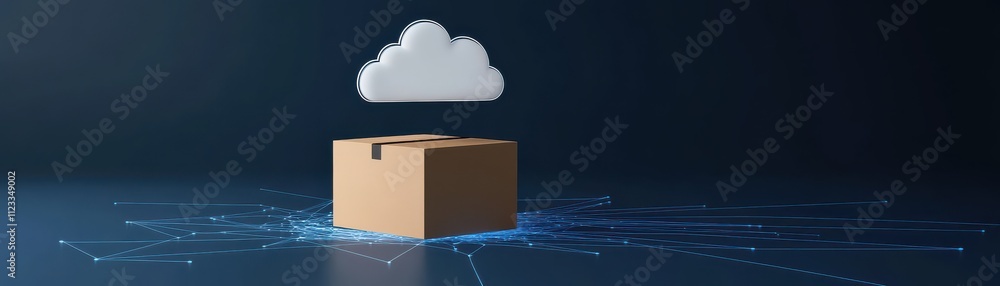 Poster a cloud hovers above an open cardboard box, symbolizing digital storage and cloud computing.
