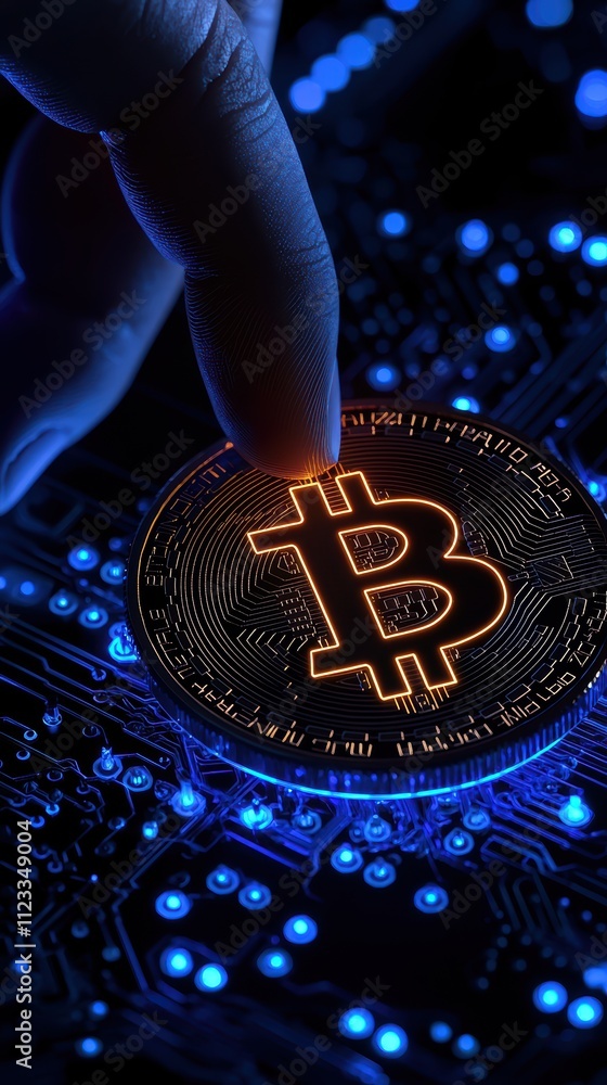 Aufkleber a hand touches a glowing bitcoin on a circuit board, symbolizing the intersection of cryptocurrency 