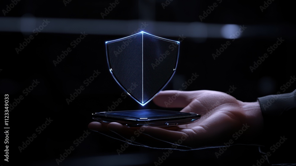 Poster a hand holds a smartphone displaying a holographic shield, symbolizing digital security and protecti