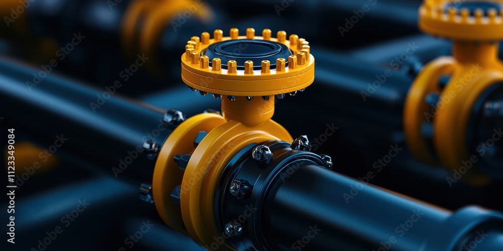 Poster a close-up of a yellow control valve on dark piping, highlighting industrial design and functionalit