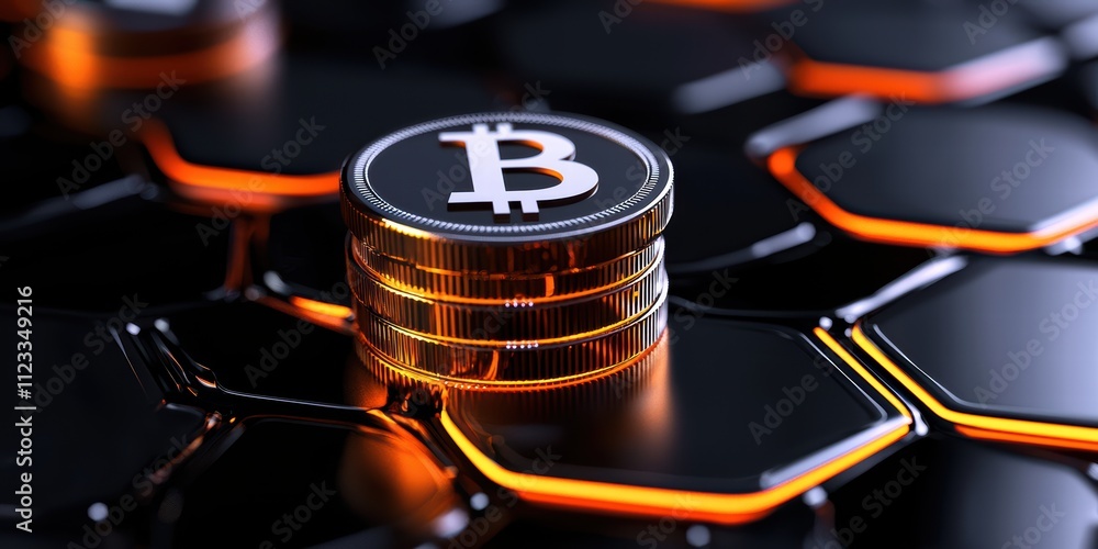 Poster a close-up of stacked bitcoin coins on a hexagonal-patterned surface, showcasing a modern design wit