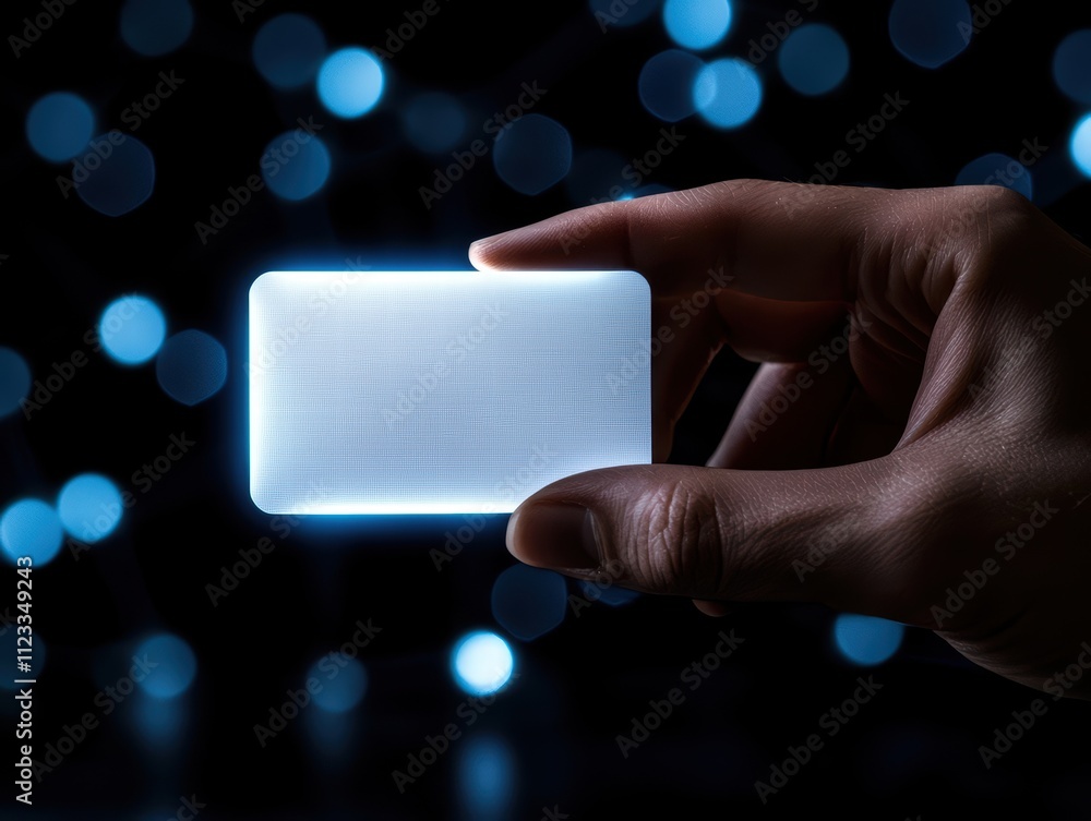 Poster a glowing card is held by a hand against a backdrop of blue bokeh lights, creating a futuristic and 
