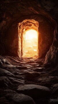 Radiant tomb entrance glowing at dawn suggesting spiritual awakening and faith