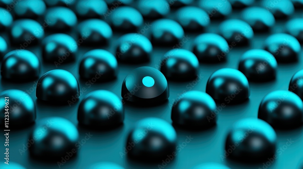 Poster a mesmerizing pattern of black spheres highlighted by a single standout sphere, all set against a vi