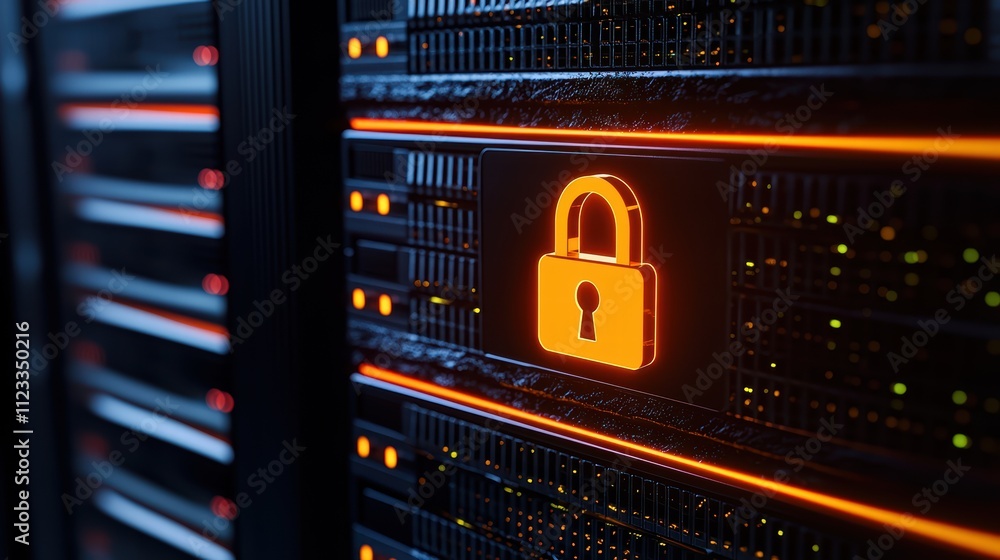 Poster a server room image featuring a glowing orange padlock symbol, representing security and data protec