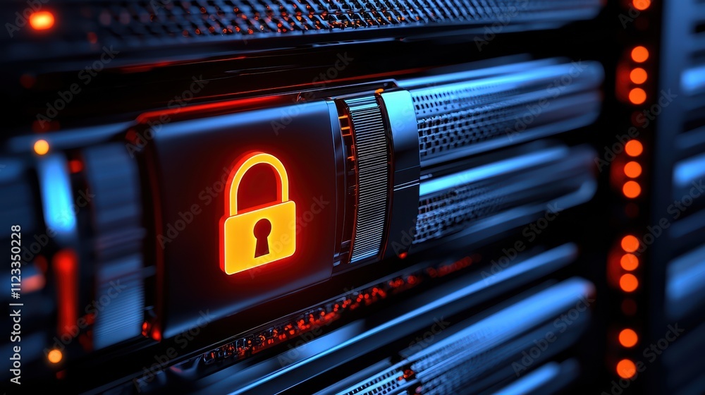 Poster a close-up of a digital lock icon illuminated in red, symbolizing cybersecurity and data protection 