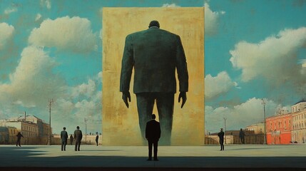Giant businessman figure looms over small figures in a city square, surreal painting.