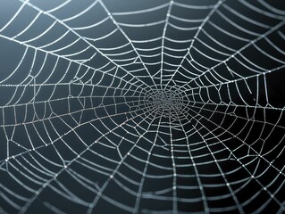 Obraz premium Microscopic guardians in a web of shimmering silk, dark navy background, unseen ecosystem balance concept.