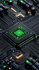 Fototapeta premium A close-up view of a circuit board featuring a central green microchip, surrounded by intricate pathways and glowing elements.
