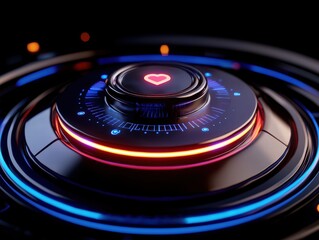 A futuristic control panel with a heart symbol, illuminated by vibrant blue and red lights, creating a tech-savvy, emotional ambiance.
