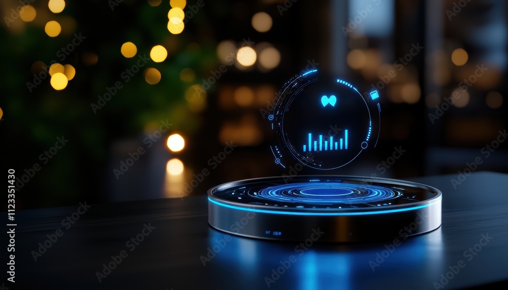 Poster a futuristic holographic interface displays data analytics in a dark setting, illuminated by soft bl