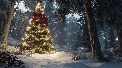 A Christmas tree with a red ribbon is lit up in a snowy forest