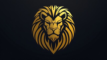 Fototapeta premium Clean gold and black gradient lion head logo, armor shape, flat vector style. Dark backdrop with simple details. Ultra HD.
