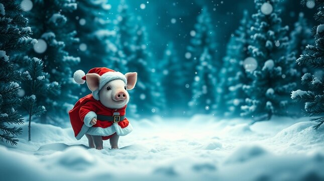 Little pig walking with Christmas clothes and hat