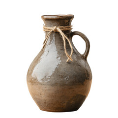 a rustic, ceramic jug-style bottle with a narrow neck and a hand-tied twine loop, isolated on transparent background png