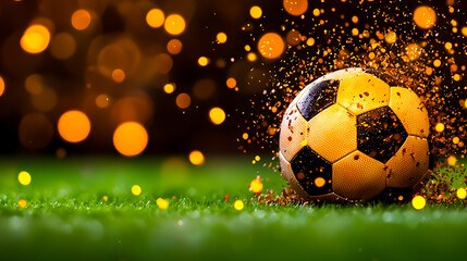 Fototapeta premium Vibrant Soccer Ball Splashing on Green Grass with Bokeh Background