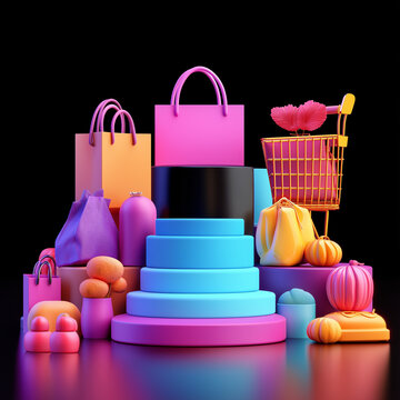 Colorful Shopping Bags Cart  Pumpkins on Platform