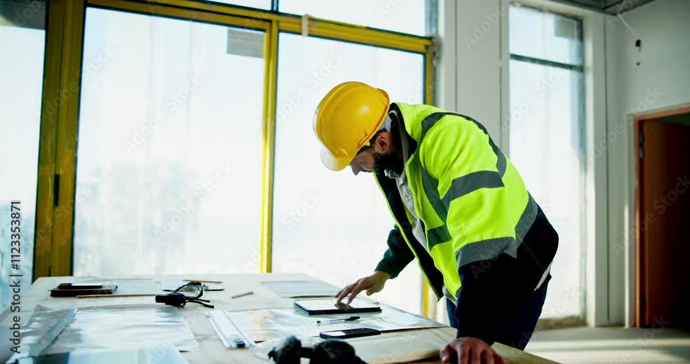 Poster man, architect and scroll on tablet for architecture schedule, review blueprint and floor plan of co