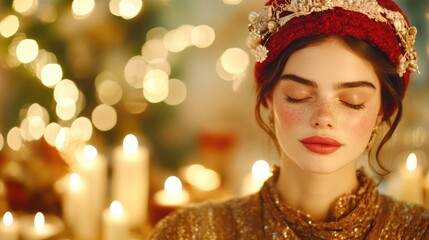 Fototapeta premium A young woman with glowing skin and wavy hair meditates with candles outdoors, wearing a jeweled headpiece, embodying serenity and mysticism.