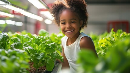 A happy girl learns about sustainable farming techniques in a modern agricultural facility designed for urban education.