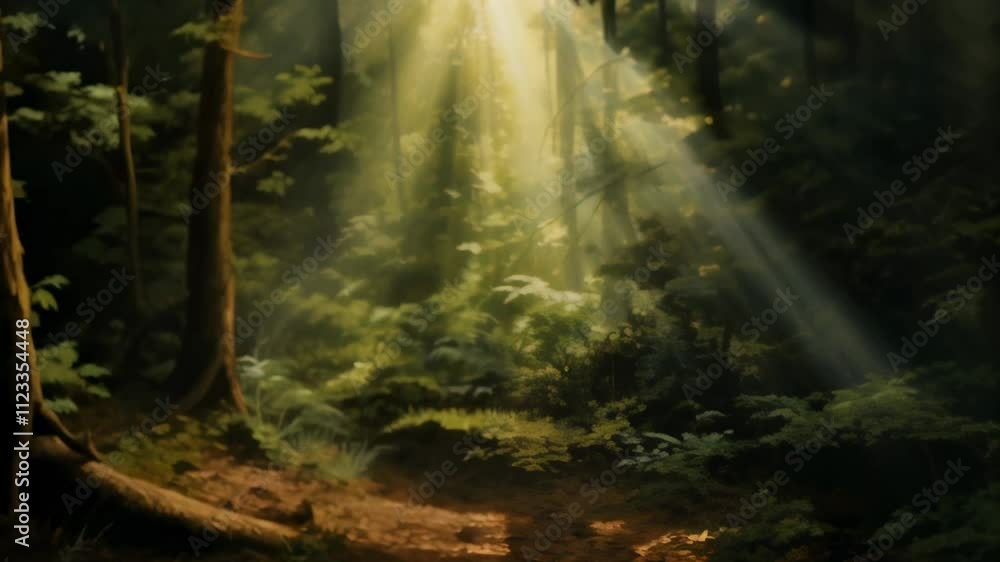 Poster sunbeams are illuminating the lush forest floor covered in ferns and other vegetation in redwood nat