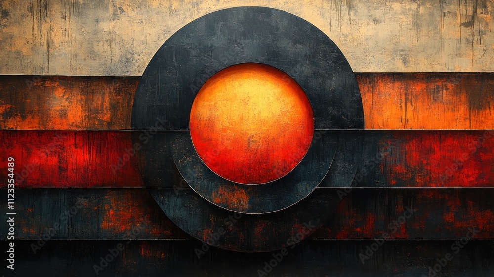 Poster abstract circular design with layered textures and warm colors.