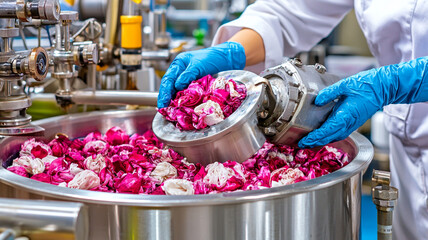 image showcases textile dyeing process with vibrant pink and white flowers being processed in large metal container, highlighting intricate art of dyeing fabrics