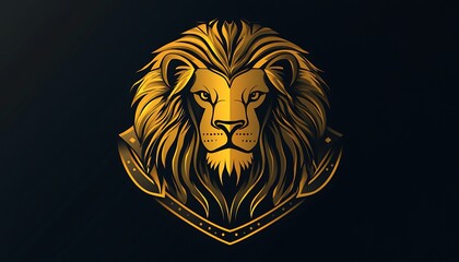 Obraz premium Clean lion head emblem in armor, gold and black gradient. Flat vector design, simple lines on dark backdrop. High resolution.