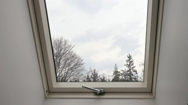 View through modern skylight window showing cloudy sky and winter bare trees, creating calm scene. Sweden.