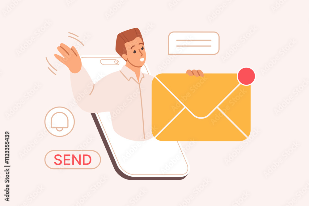 Poster New SMS or email notification, inbox messages reminder in platforms mailbox. Man on mobile phone screen holding big envelope with letter or newsletter to notify document cartoon vector illustration