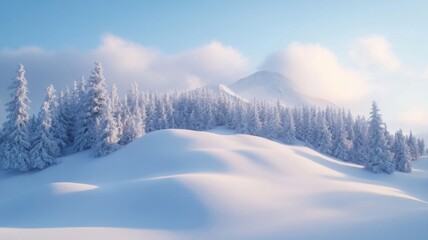 Snowy Mountain Landscape with Fir Trees and Blue Sky