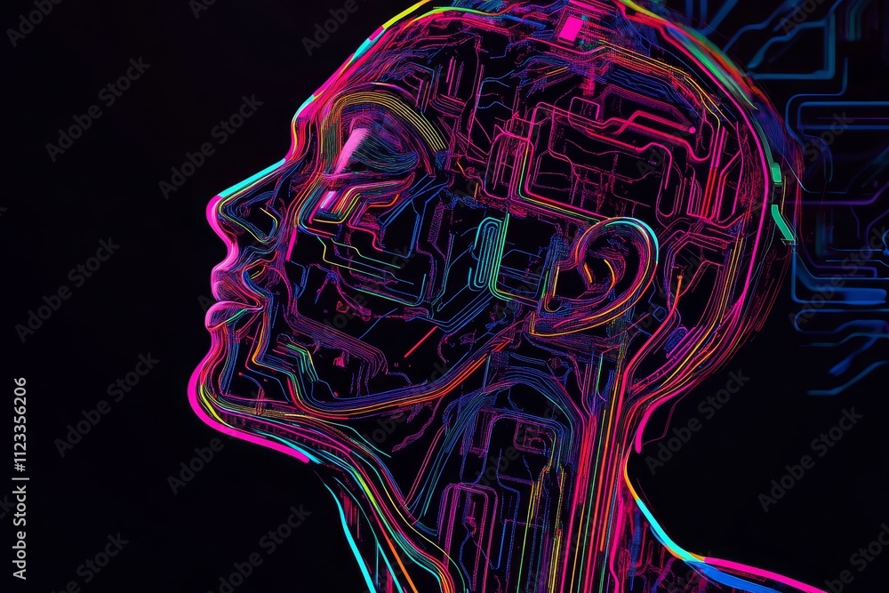 Poster Minimalist ai line art featuring bright circuit patterns and modern design elements