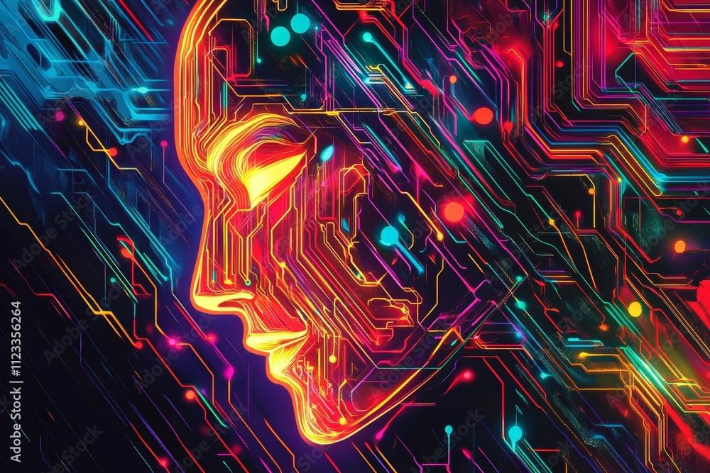 Poster minimalist ai line art featuring bright circuitry patterns for modern design aesthetics