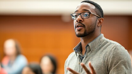 Fototapeta premium A man speaks at a seminar on ethical investing, discussing its potential to fund education programs while addressing environmental concerns.