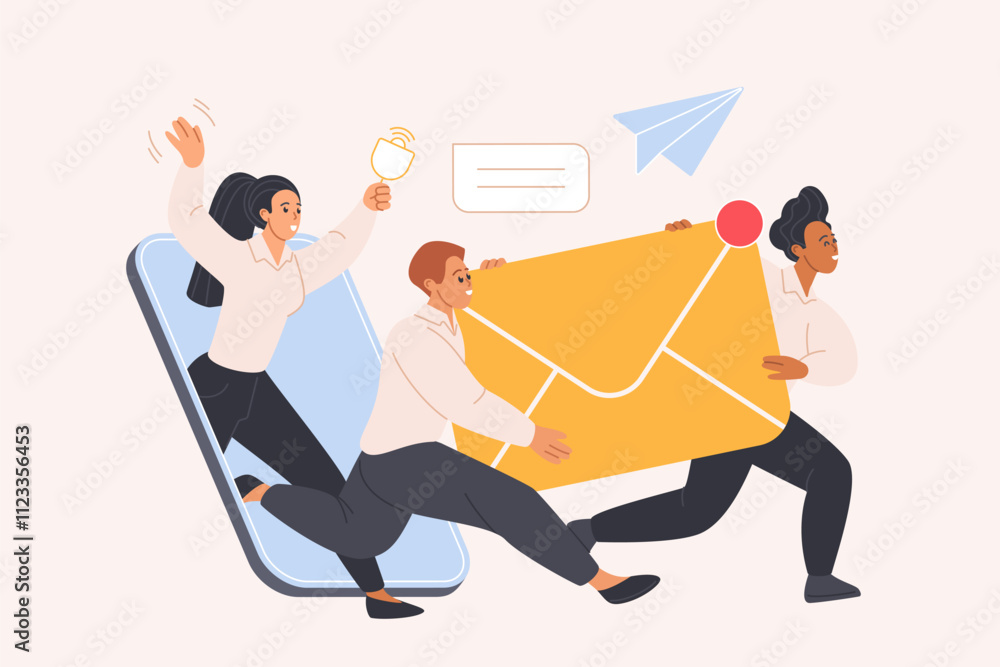 Aufkleber Delivery of letter and message to inbox of mail platform, subscription automation. Marketing team of tiny happy characters carry big envelope from mobile phone screen cartoon vector illustration