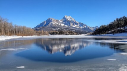 A Partially Frozen Lake with a Mountain Reflection