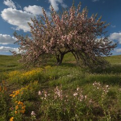 Naklejka premium A field of wildflowers surrounding a single flowering almond tree.
