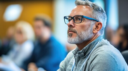 Obraz premium A senior man attends a seminar on cryptocurrency trends, learning how digital currency reshapes investments and global transactions.